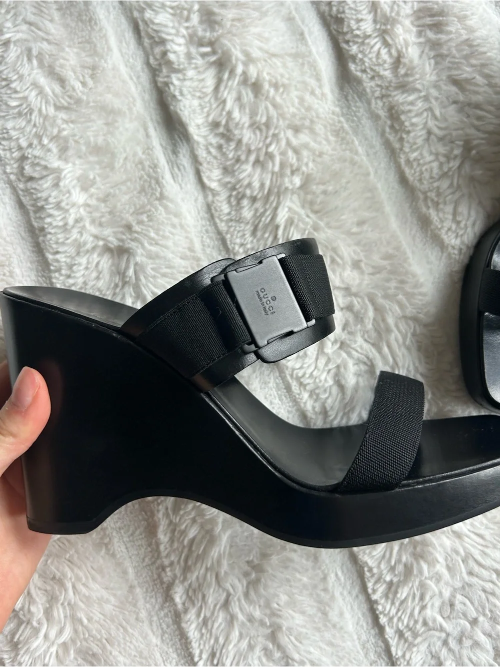 Gucci Black Leather Wedge Mules